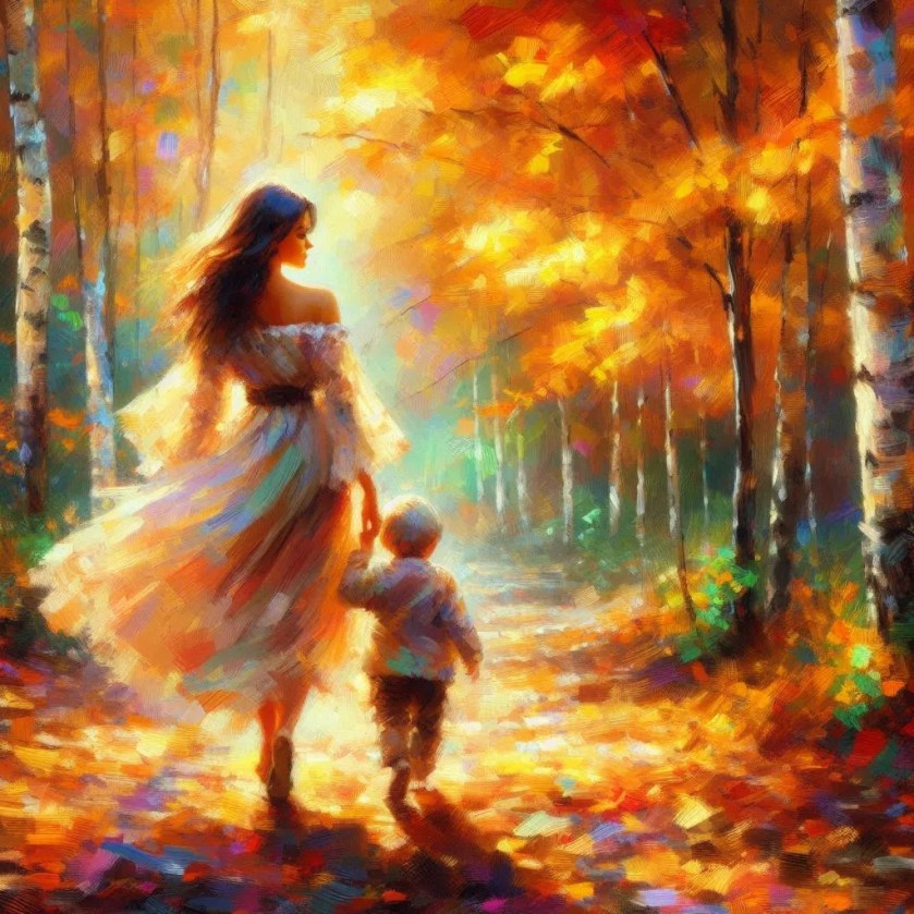 mother son woods walk autumn war family 